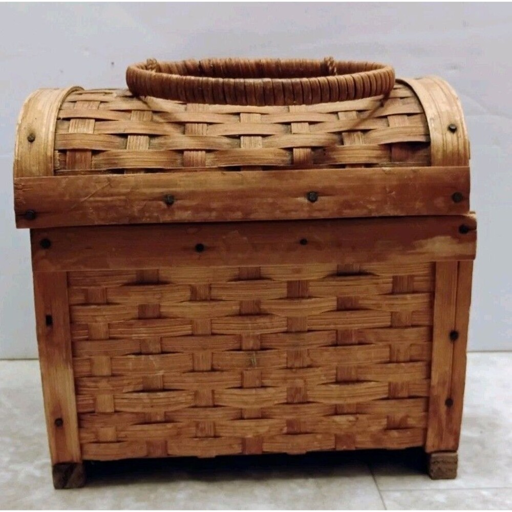 Vintage Wicker Wood Domed Treasure Chest Box Trunk Woven Handle Mid Century